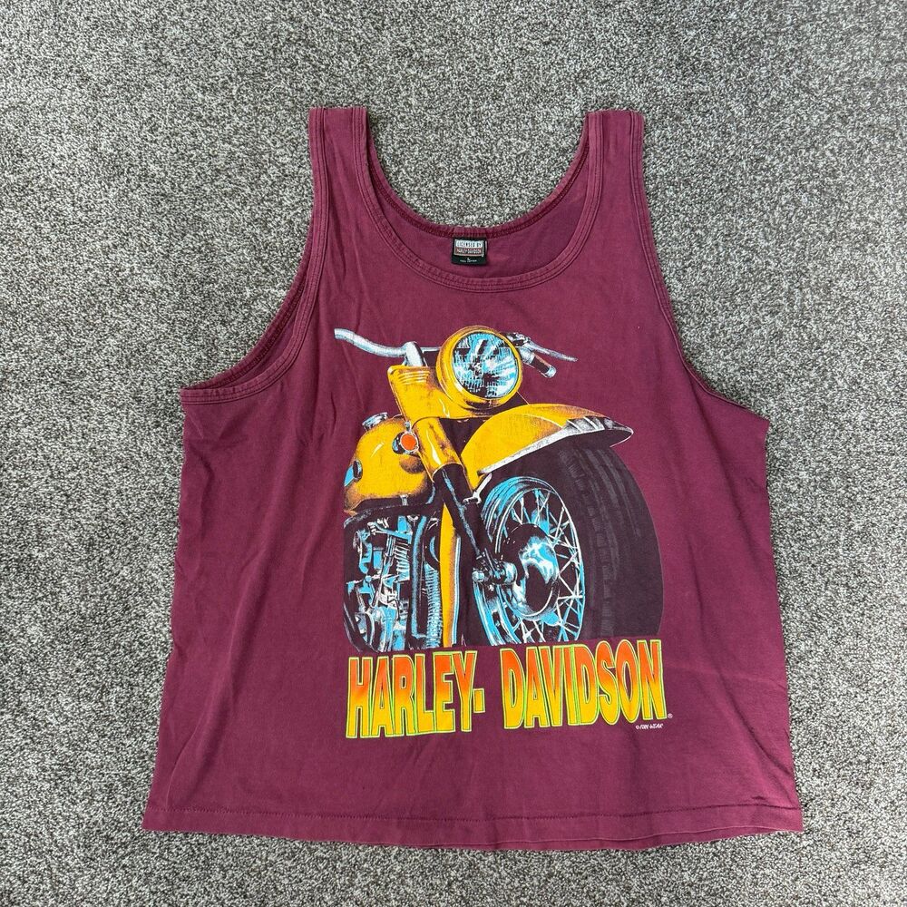 Vtg 90s Harley Davidson Funwear Graphic Tank Top Maroon Bike Large
